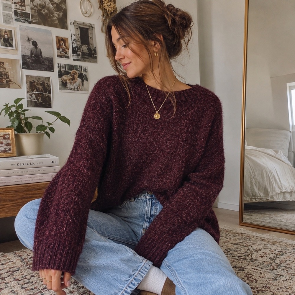Free People Burgundy Fuzzy Alpaca Wool Blend Oversized Pullover Sweater small